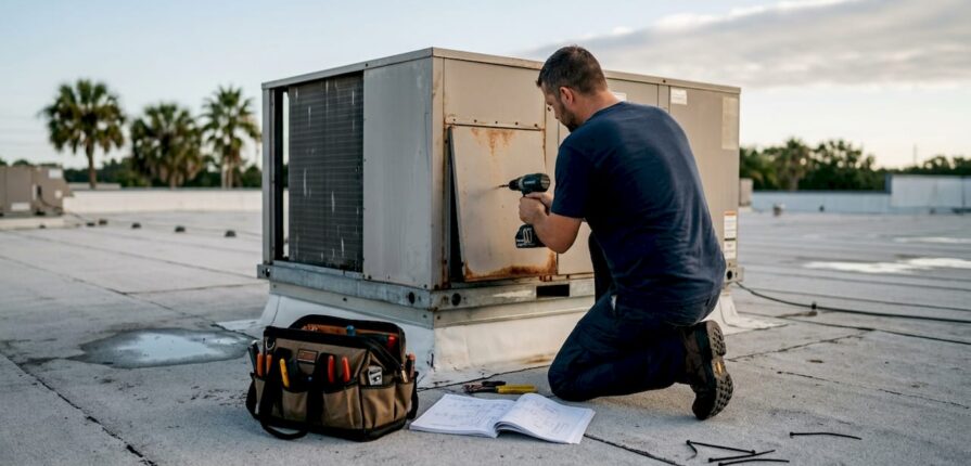 Technician servicing rooftop HVAC unit