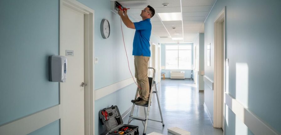 HVAC technician inspecting ceiling vent in clinic
