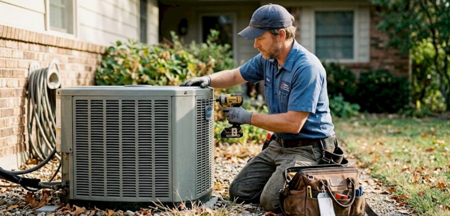 Technician servicing outdoor home AC unit