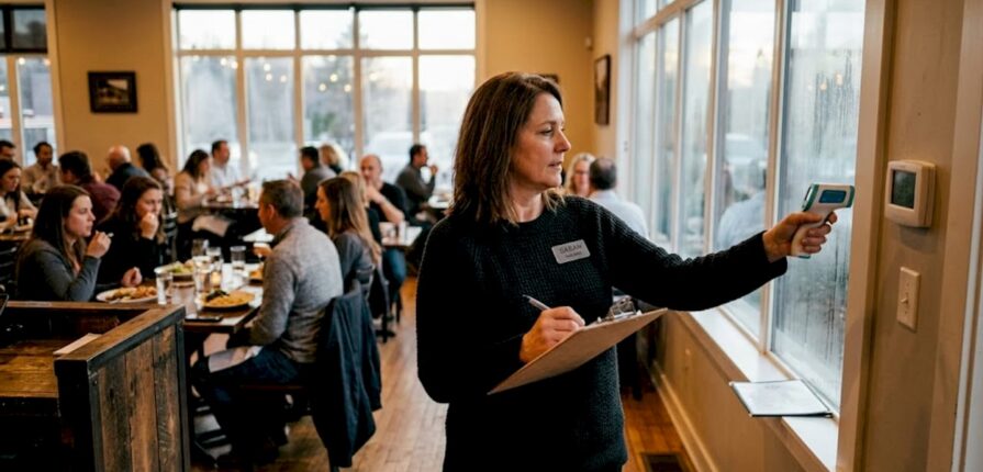 Manager adjusting thermostat in cozy restaurant