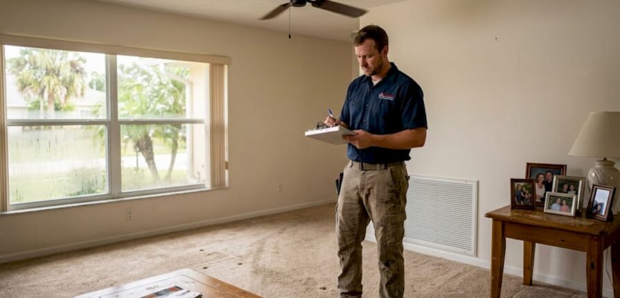 HVAC technician checking home air vent airflow