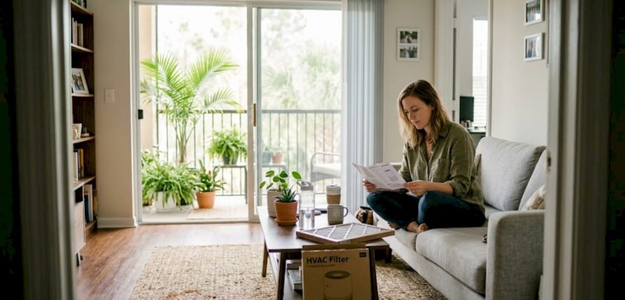 Woman using air purifier in apartment living room