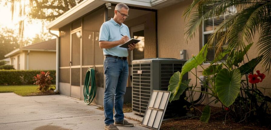 Homeowner planning HVAC maintenance outdoors