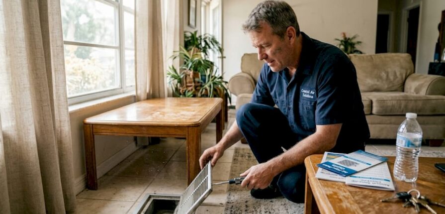 Technician inspecting home air duct register