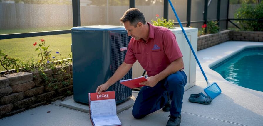 Homeowner checking pool heater by Florida pool