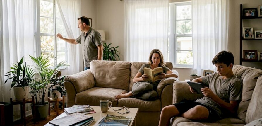Family relaxing in bright living room
