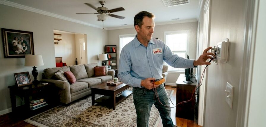 HVAC technician checks thermostat in Leesburg home