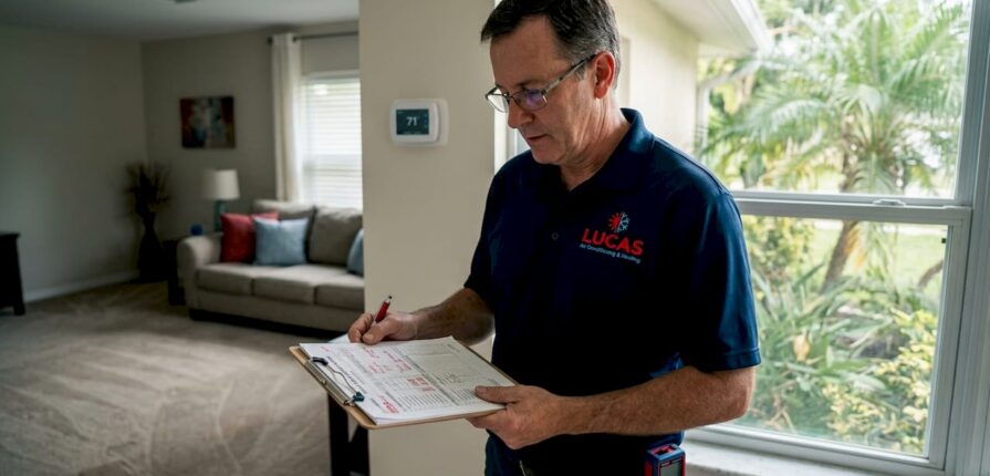 Technician performing HVAC load calculation in Florida home