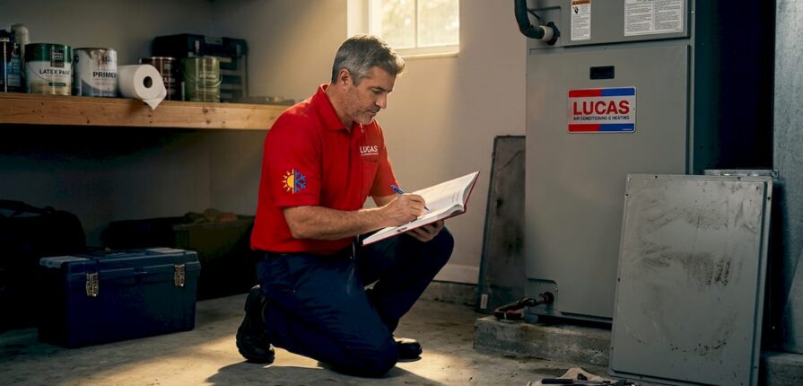Technician recording HVAC maintenance in garage