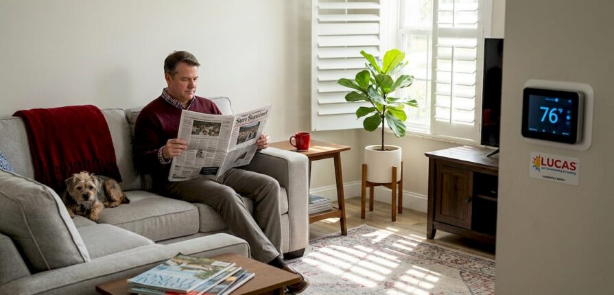 Homeowner reading in living room with HVAC thermostat