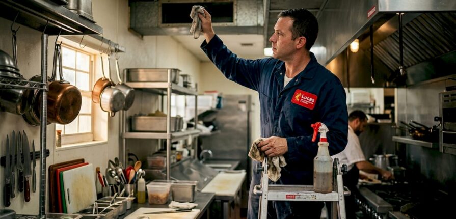 Technician cleaning kitchen duct in restaurant