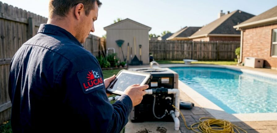Technician checking pool heater by backyard pool