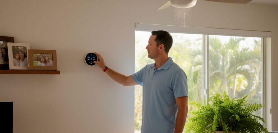 Homeowner adjusts smart thermostat in sunny living room