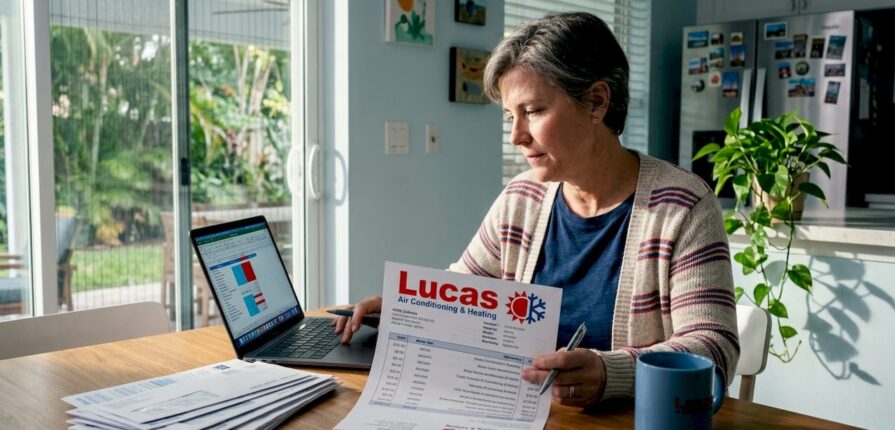 Homeowner reviewing HVAC estimate at kitchen table