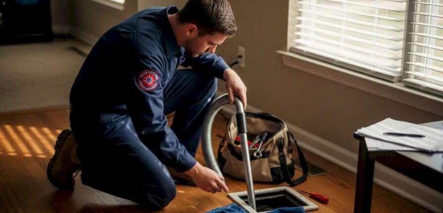 HVAC technician cleaning residential air duct