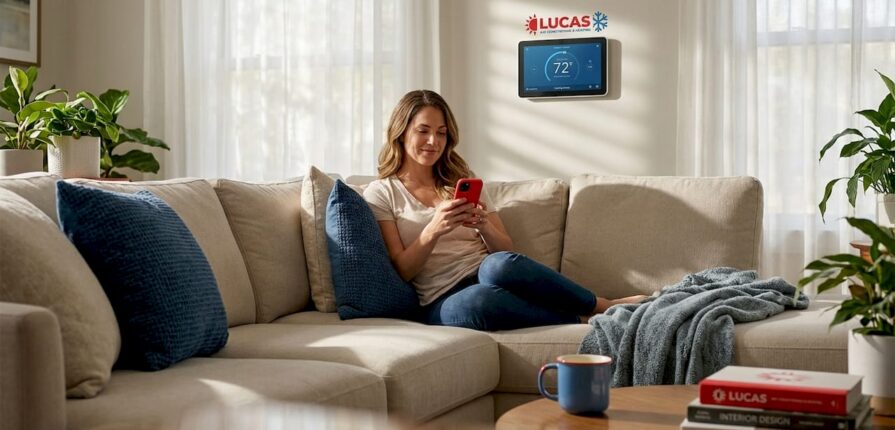 Woman using phone with smart thermostat in background
