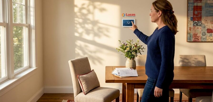 Homeowner adjusts digital thermostat in living room