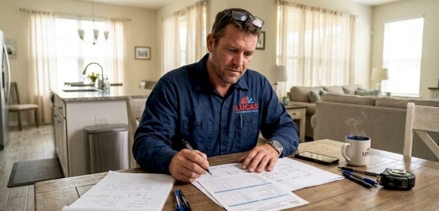 HVAC technician reviewing home design papers
