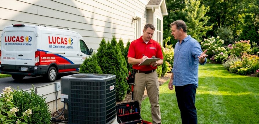 HVAC technician consulting with homeowner outdoors