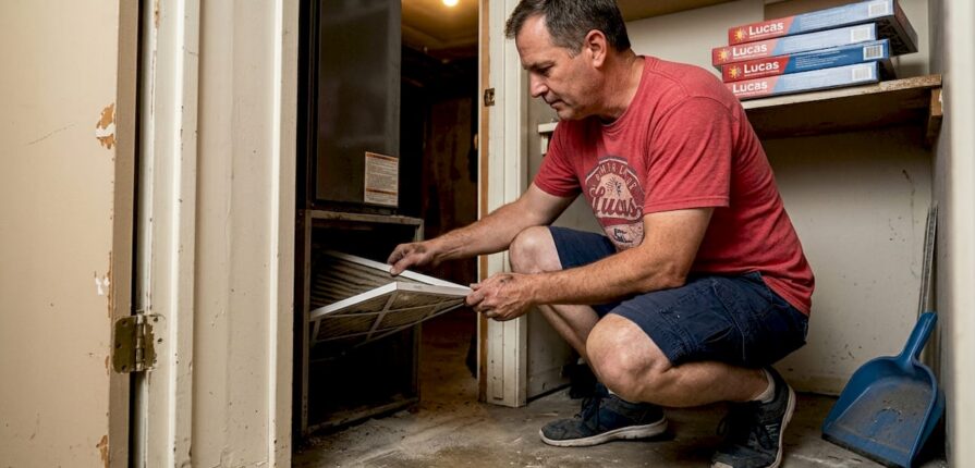 Homeowner replacing HVAC air filter in hallway
