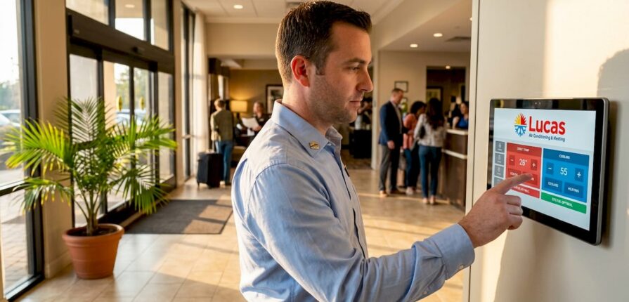 Hotel manager checks air system in lobby