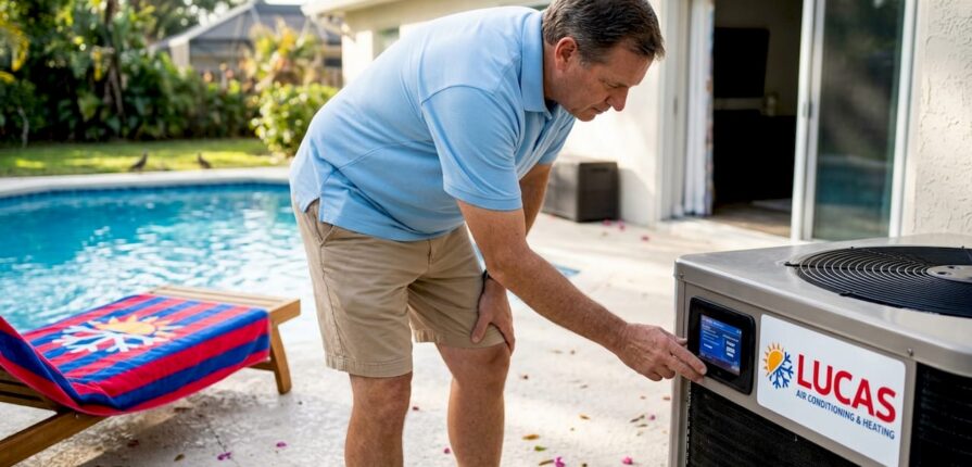 Homeowner adjusts pool heat pump near backyard pool