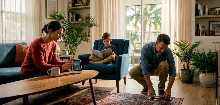 Family checking air quality monitor in living room