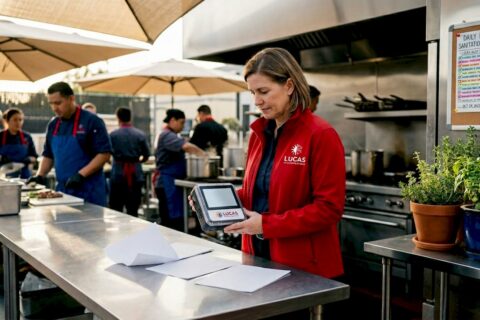 Manager checking air monitor in kitchen