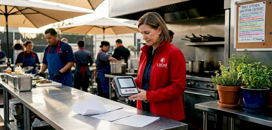 Manager checking air monitor in kitchen