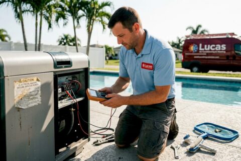 Technician maintaining pool HVAC equipment outdoors