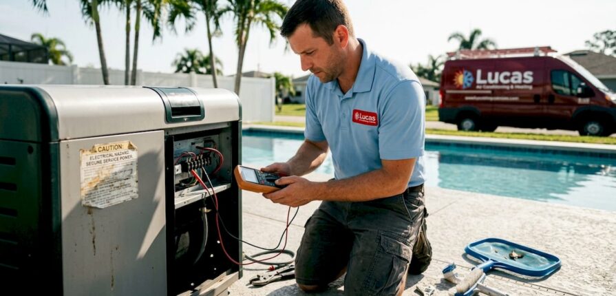 Technician maintaining pool HVAC equipment outdoors