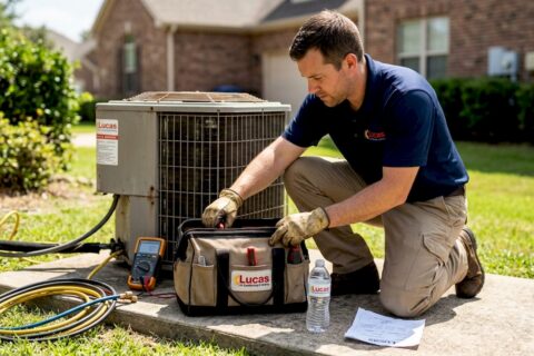 HVAC technician selecting tool from kit outdoors