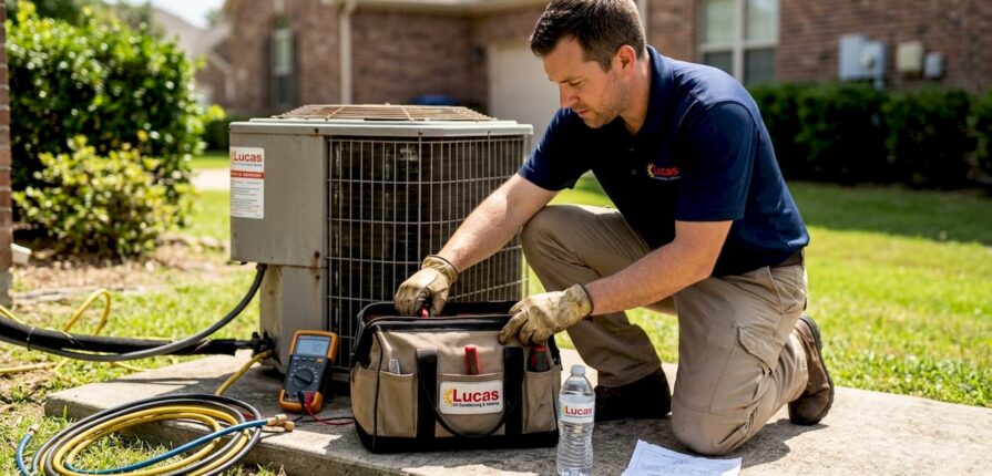 HVAC technician selecting tool from kit outdoors