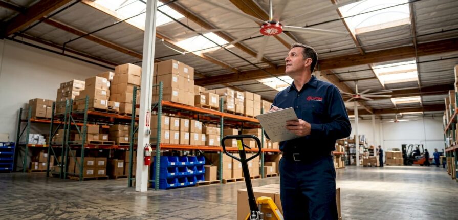 Warehouse supervisor checking ventilation system with ceiling fans