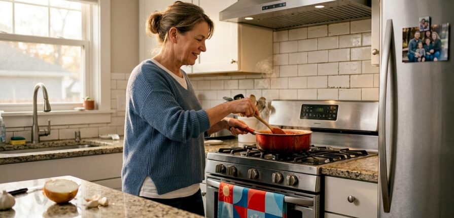 Home kitchen in use with range ventilation