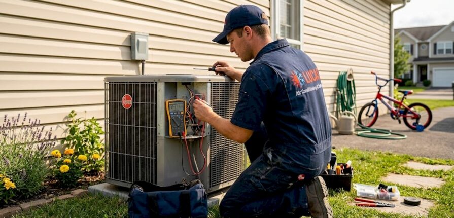 HVAC technician servicing home air conditioning unit