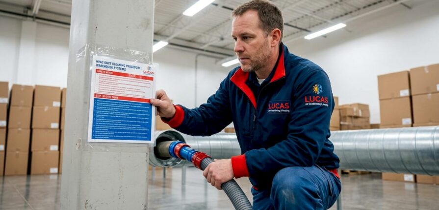 Technician cleaning ducts on factory floor