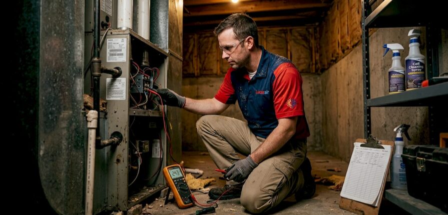 HVAC technician inspecting air handling unit