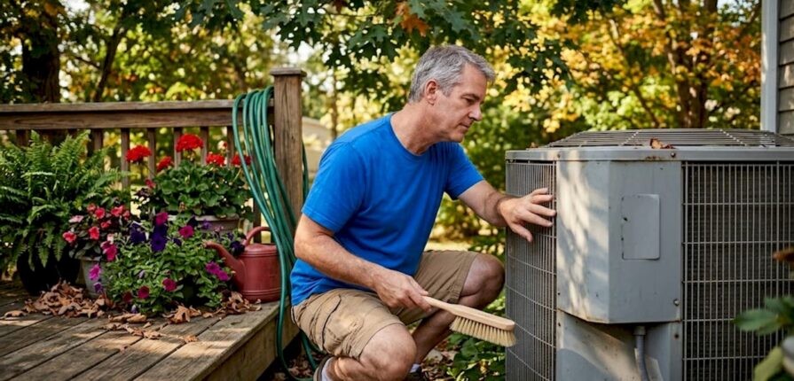 Homeowner checks outdoor AC unit for issues