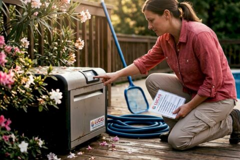 Homeowner inspecting pool heater on patio