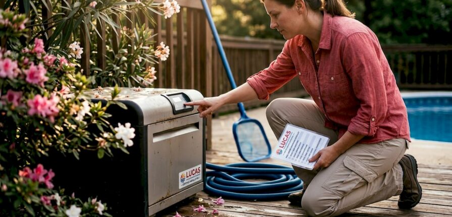 Homeowner inspecting pool heater on patio