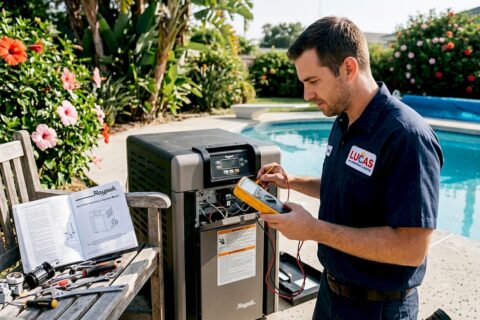 Technician maintaining pool heater outdoors