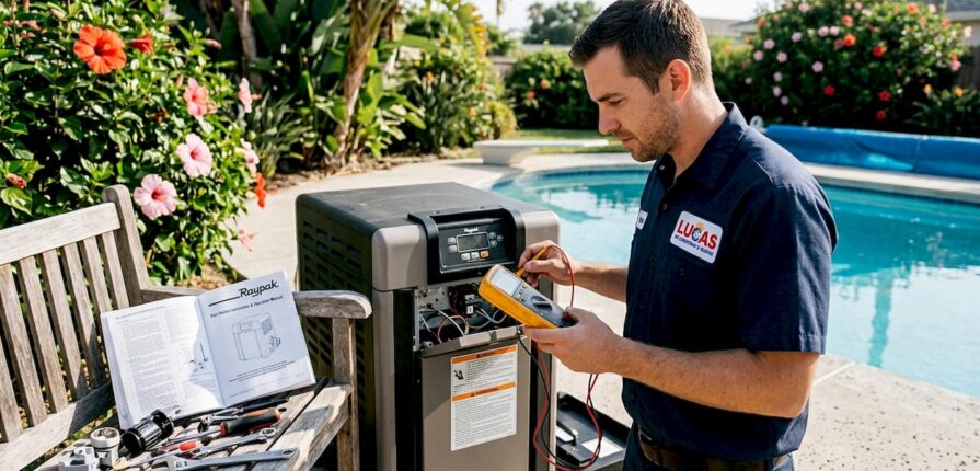 Technician maintaining pool heater outdoors