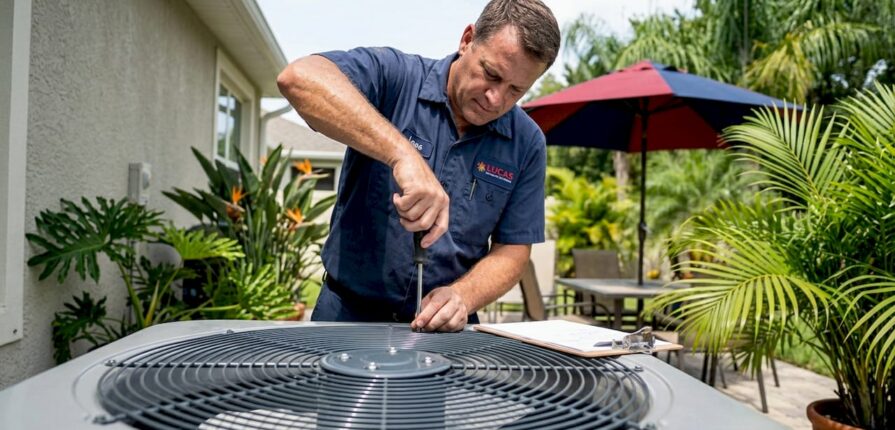 HVAC technician inspecting unit outdoors
