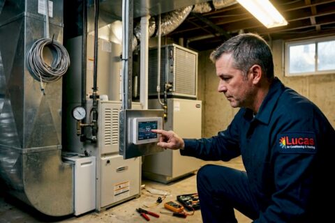 HVAC technician inspecting forced air system