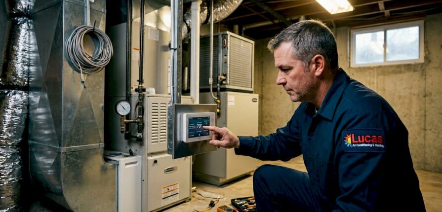 HVAC technician inspecting forced air system