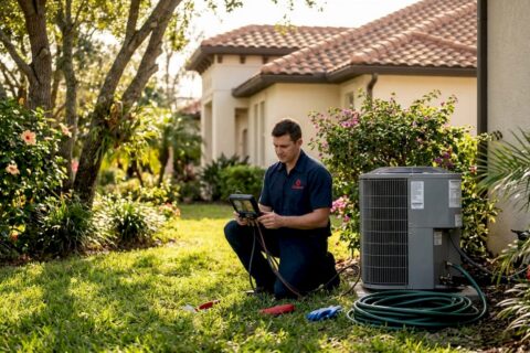 Technician inspecting Central Florida home AC unit