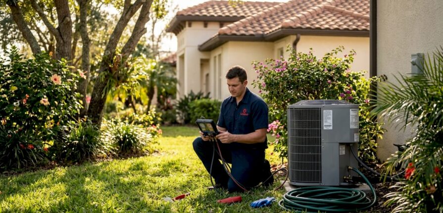Technician inspecting Central Florida home AC unit