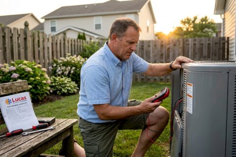 Homeowner inspecting residential air conditioning unit