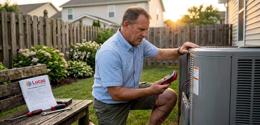 Homeowner inspecting residential air conditioning unit